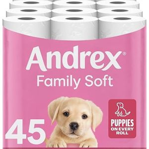 Andrex Family Soft Toilet Tissue 45 Rolls (Previously Andrex Gentle Clean) Gentle on your Family’s skin– Bulk Pack of 45 Toilet Rolls, FSC Certified