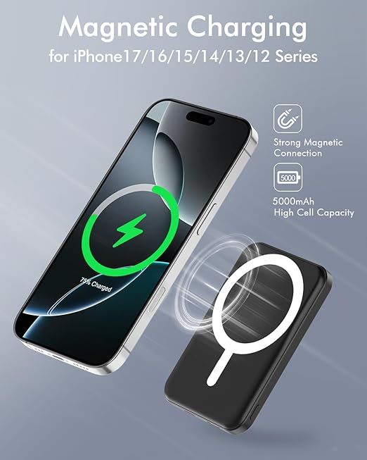 podoru for Magsafe Battery Pack, 5000mAh Magnetic Power Bank with Type-C Cable 20W PD Fast Charging Lighting Input Wireless Portable Charger for iPhone 17/16/15/14/13/12/ All Series-Black - Image 6